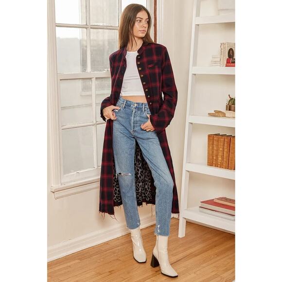 Free People Jackets & Blazers - Free People Wee The Free Marron Plaid Jacket Size L Odessa Duster Animal Print